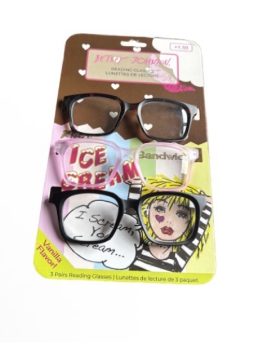 Betsey Johnson Three-Pack Reading Glasses in Black, Clear, Dark Brown